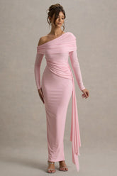 Valina | Pink Ruched Asymmetric Maxi Dress With Drape