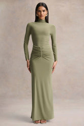 Persis | Olive High-Neck Maxi Dress With Gathered Detailing