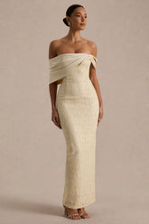 Solora | Cream Lace Twisted Bardot-Neck Maxi Dress