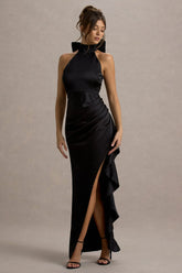 Maureen | Black Satin High-Neck Draped Maxi Dress