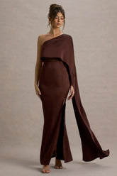 Amora | Brown Satin Asymmetric Cape-Sleeve Split Maxi Dress