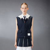 L Women's Spring/Summer Drawstring Color-Block Sleeveless Zipper Hooded Vest And Casual Pleated Mini Skirt
