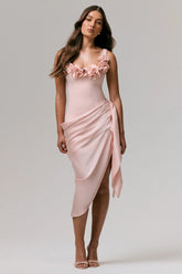 Letitia | Pale Pink Square-Neck Floral Detailed Wrap Midi Dress