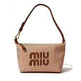 MiuMiu Women's Vintage Apricot Brown Striped Latte-Colored Vertical Stripe Canvas Leather Letter Print Small Lunchbox Tote Shoulder Bag Bags #195570
