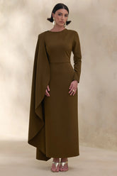 Jovea | Olive Round-Neck Maxi Dress With Cape-Sleeve