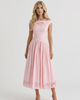 Delfina Boat Neck Eyelet Midi Dress - Pink