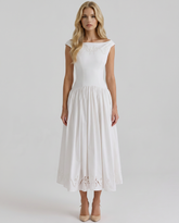 Delfina Boat Neck Eyelet Midi Dress - White