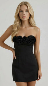 Hailey Strapless Rose Mini Dress - Black