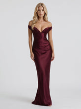 Helena Off Shoulder Draped Satin Maxi Dress - Cherry Lacquer