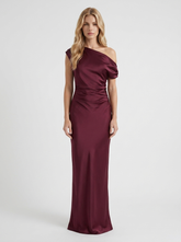 Marabelle One Shoulder Satin Draped Maxi Dress - Wine Red