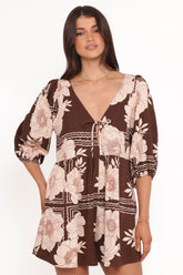 Henley Romper - Flores Marrones