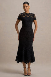 Clarissa | Black Lace Short-Sleeve Midi Dress