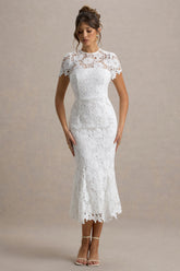 Clarissa | White Lace Crew-Neck Short-Sleeve Midi Dress