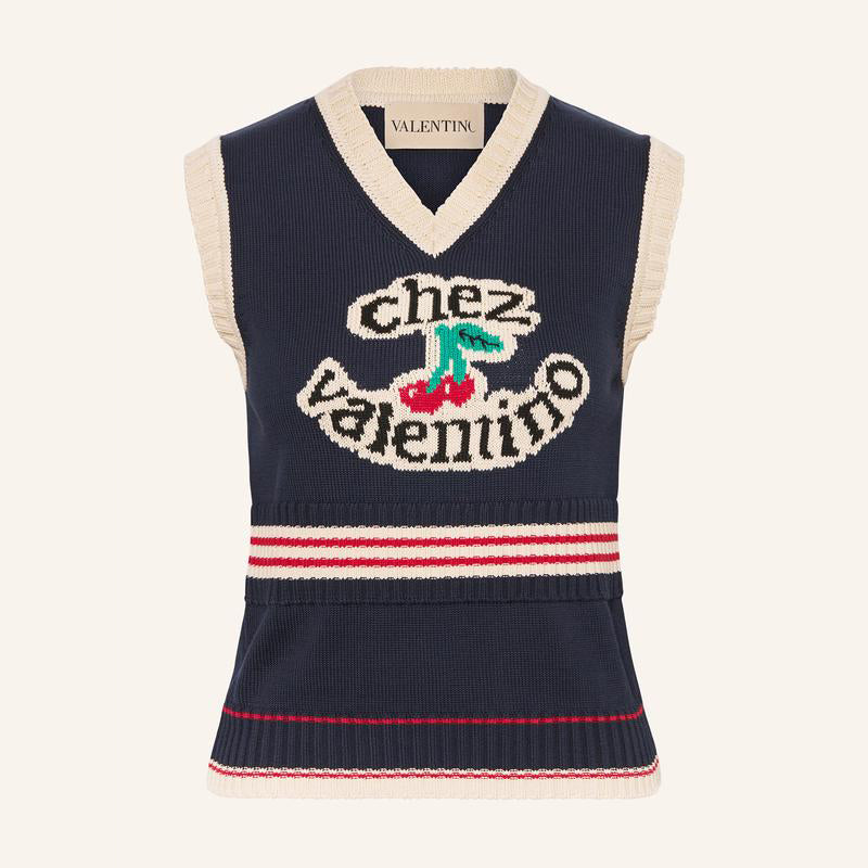 Valentino Women's Summer V-Neck College Style Cherry Embroidery Cotton Knit Sleeveless Solid Color Straight Tank Top Vest Ngvp #1959