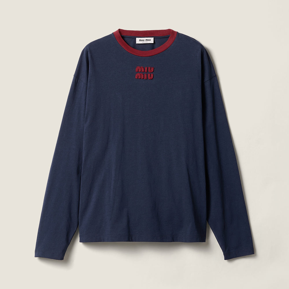 MiuMiu Blue burgundy Long-sleeved Cotton Jersey T-shirt #377089