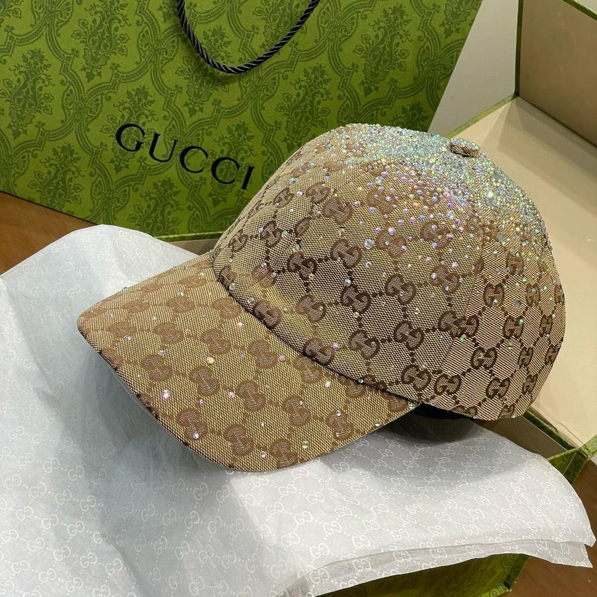 Gucci Women's Unisex Fashion Casual Classic GG Monogram Fabric Diamond-Studded Baseball Cap Duckbill Hat  Accessories  #78723
