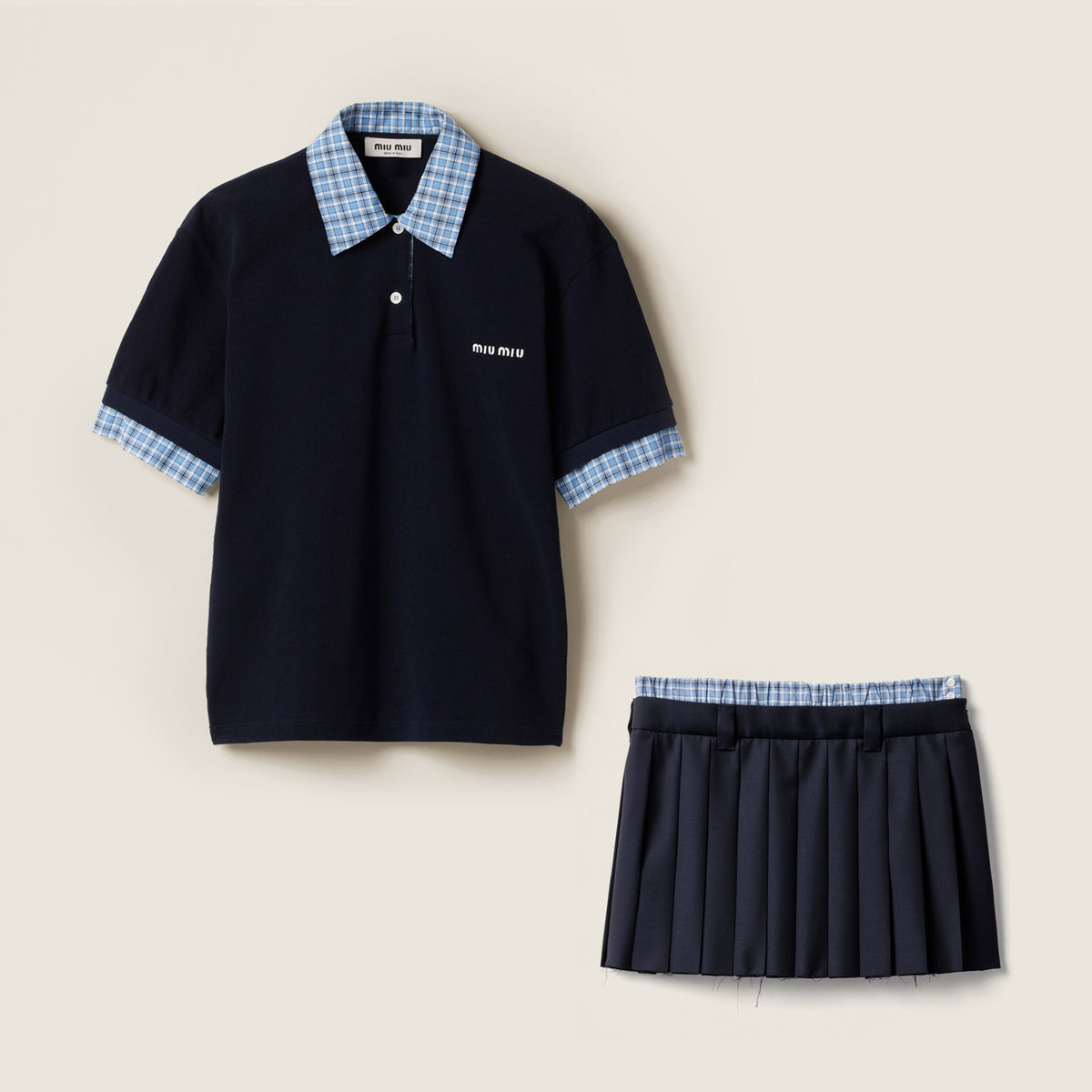 MiuMiu Women's Summer Plaid Print Splicing Polo Collar Cotton Short Sleeved T-shirt Embroidery Letter Print Casual Skirt Suit Set #76251