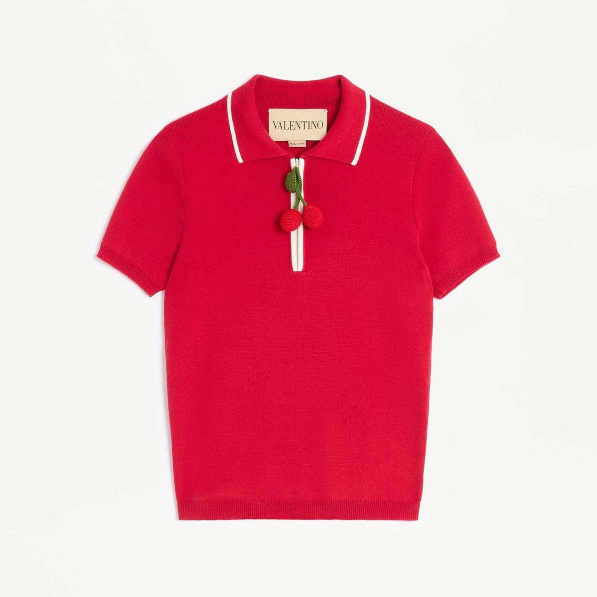 Valentino Cotton Top With Cherry Women's Spring And Summer Red Knit Polo Collar Top Fashion Casual Temperament Youthful Vigor T-shirt Ngvp #1965