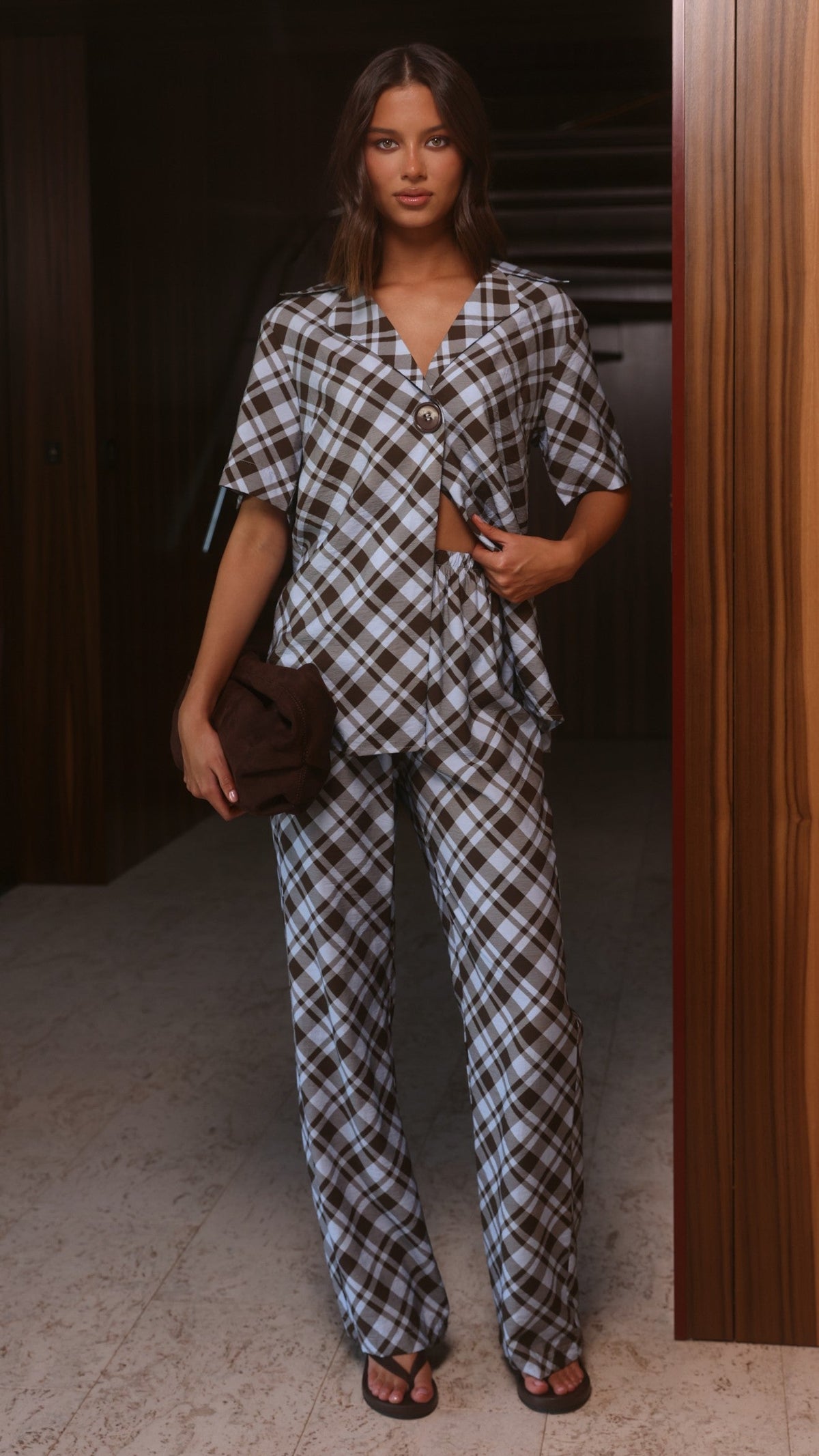 Imogen Button Pants - Chocolate/Blue Plaid