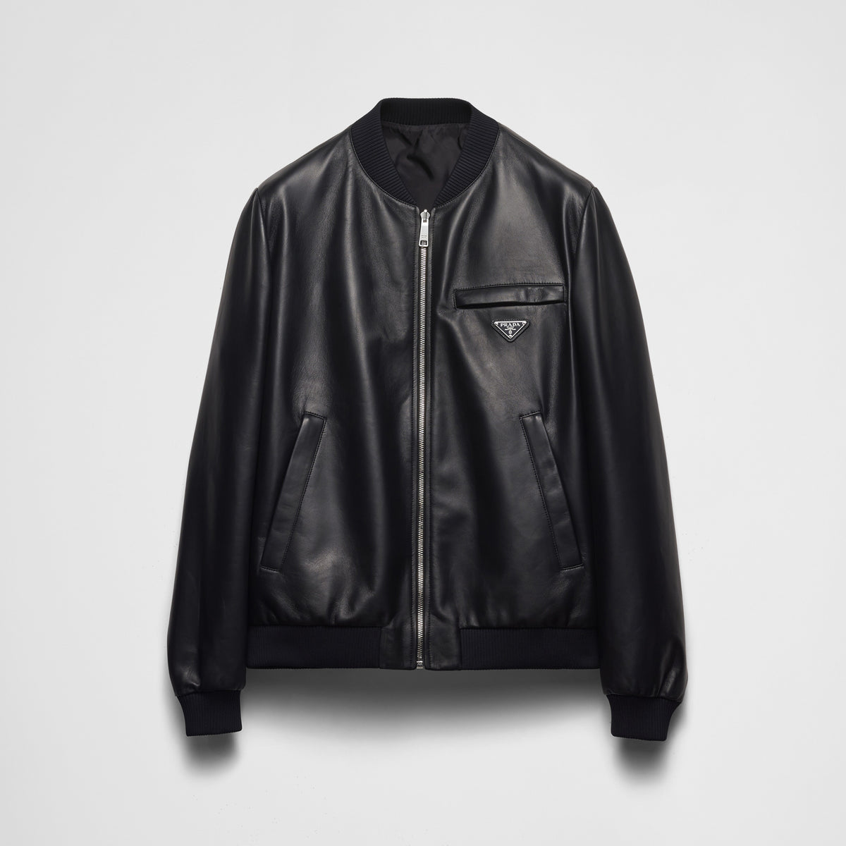 Prada Men's Fall/Winter Fashion Classic Solid Color Leather Crew Neck Zip Up Reversible Leather Plain Weave Jacket #79345