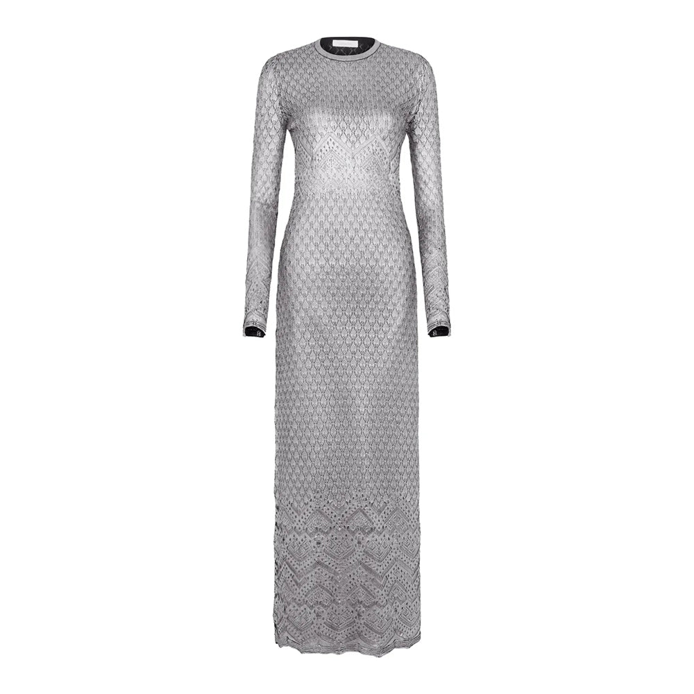Paco Rabanne Women's Metallic Round Neck Knit Spring and Autumn Solid Color Extra Long Dresses Ngvp #1847
