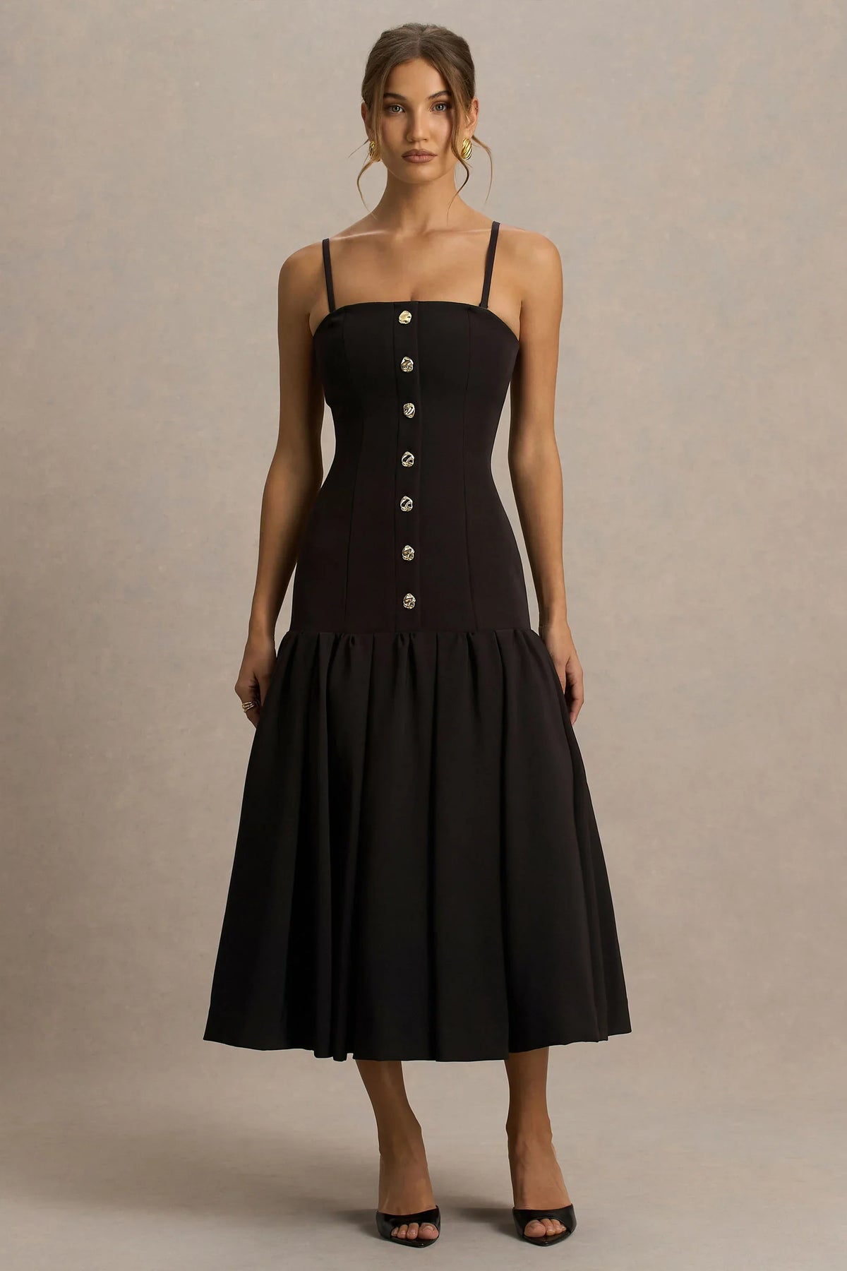 Briella | Black Bandeau Midi Dress With Gold-Button Detailing