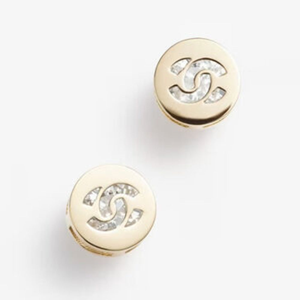 Chanel Button Hollow Earrings Metal Rhinestones #393714