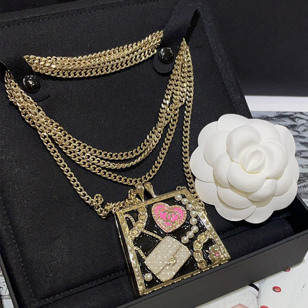 Chanel Women's Pink Double C Perfume Bottle Black Enamel Bag Necklace Sweater Chain Jewellery Accessories #71681