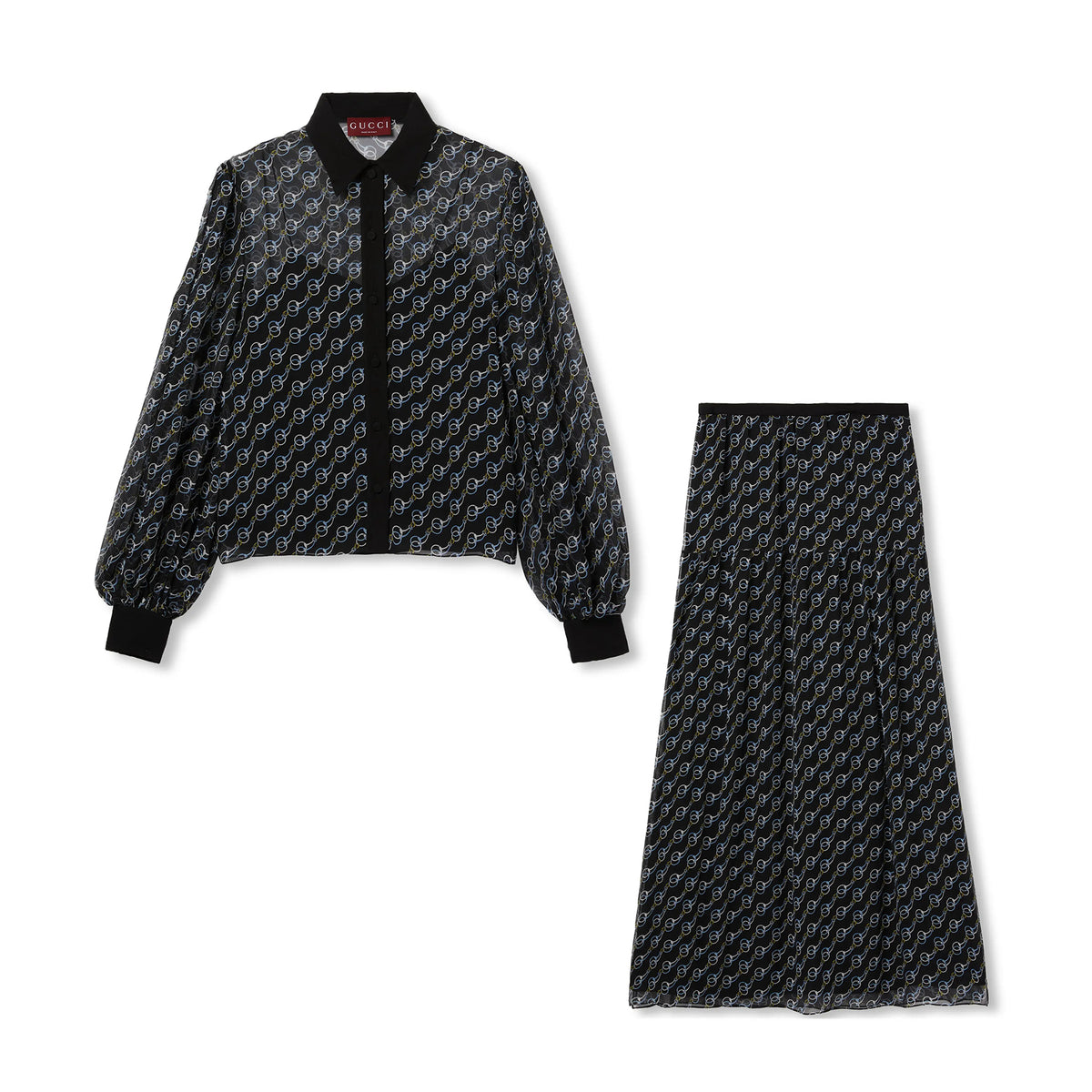 Gucci Women's Summer Solid Color Ring Buckle Printed Mulberry Silk Single-Breasted Long-Sleeved Shirt and Casual Skirt Set Suit #77658