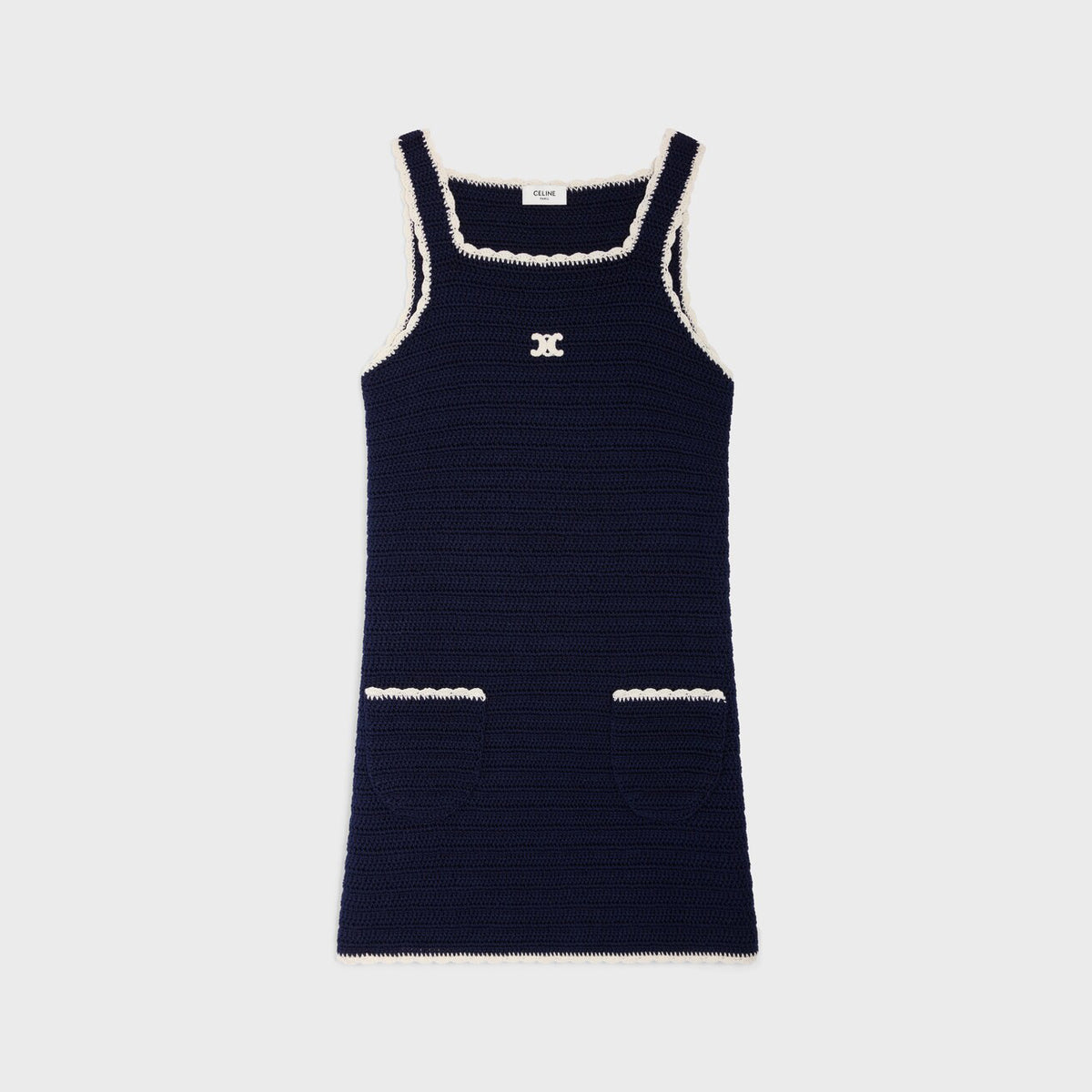 Celine Women's Summer Fashion Casual Solid Color Square Neckline Patch Pocket Sleeveless Logo Handmade Crochet Mini Dress #79292