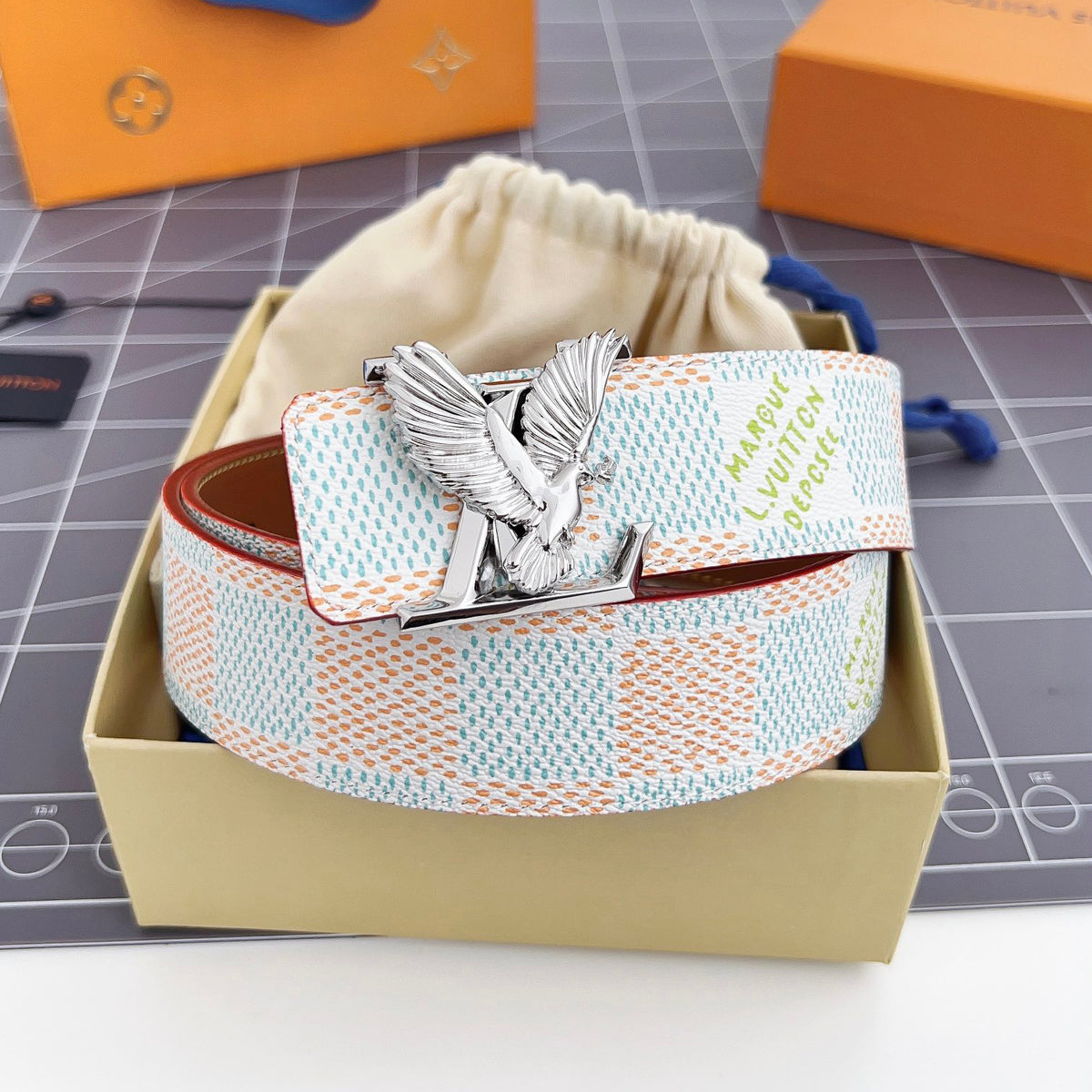 Louis Vuitton Men's Metal Eagle Buckle Color Checkered Letter Logo Leather Belt Accessory #72695