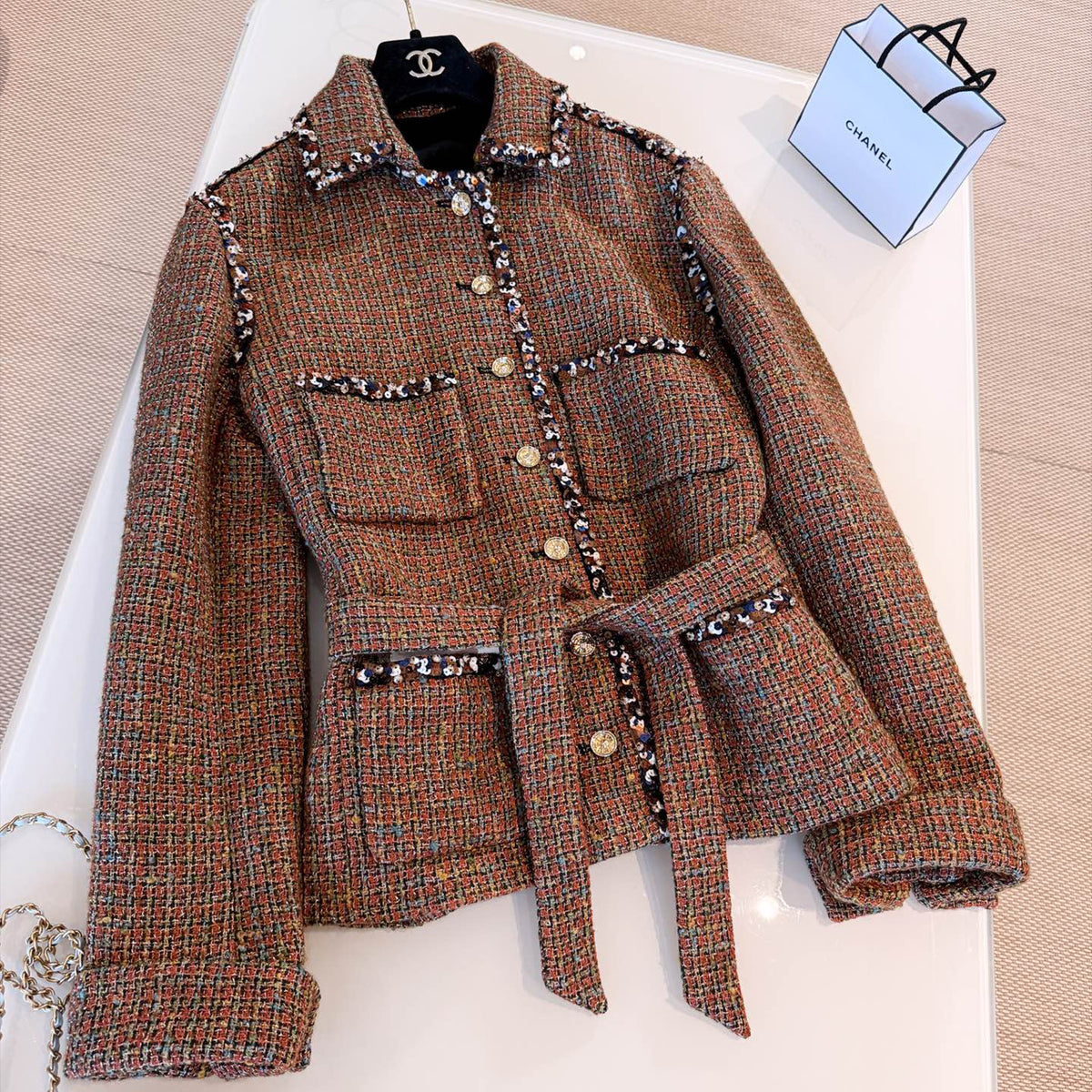 Chanel Women's Fall And Winter Golden Brown Belt Tweed Silhouette Jacket Sequins Beaded On The Button Luxury Retro Slim Jacket Ngvp #2235