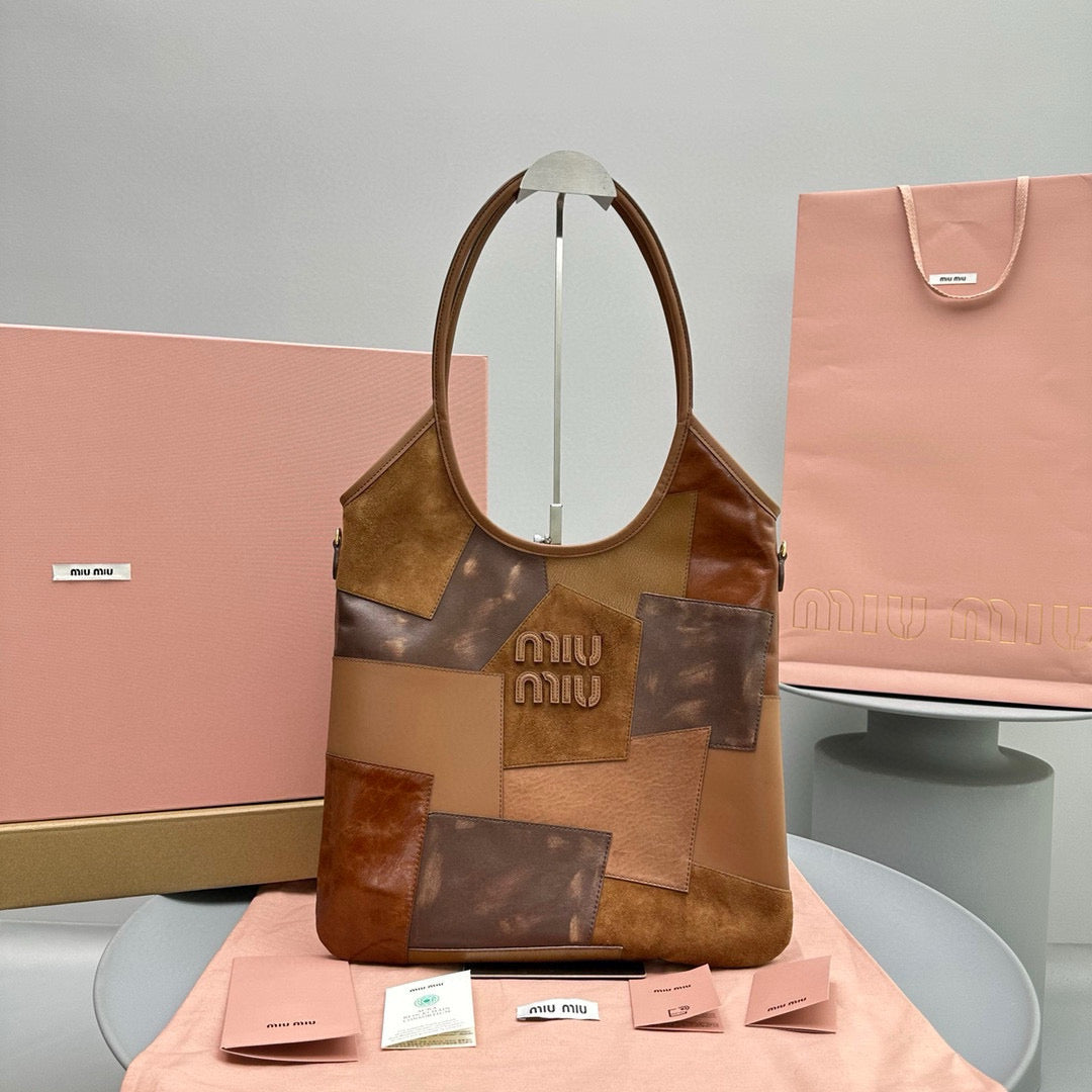MiuMiu Women's Khaki Patch Pattern Suede Leather Patchwork Tote Bag #97784