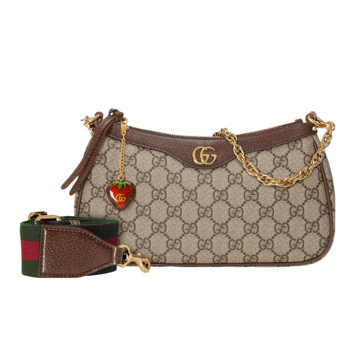 Gucci Women's Strawberry Logo Hanging Chain Mahjong Bag Classic Fashion Old Flower Canvas Handbag #98255