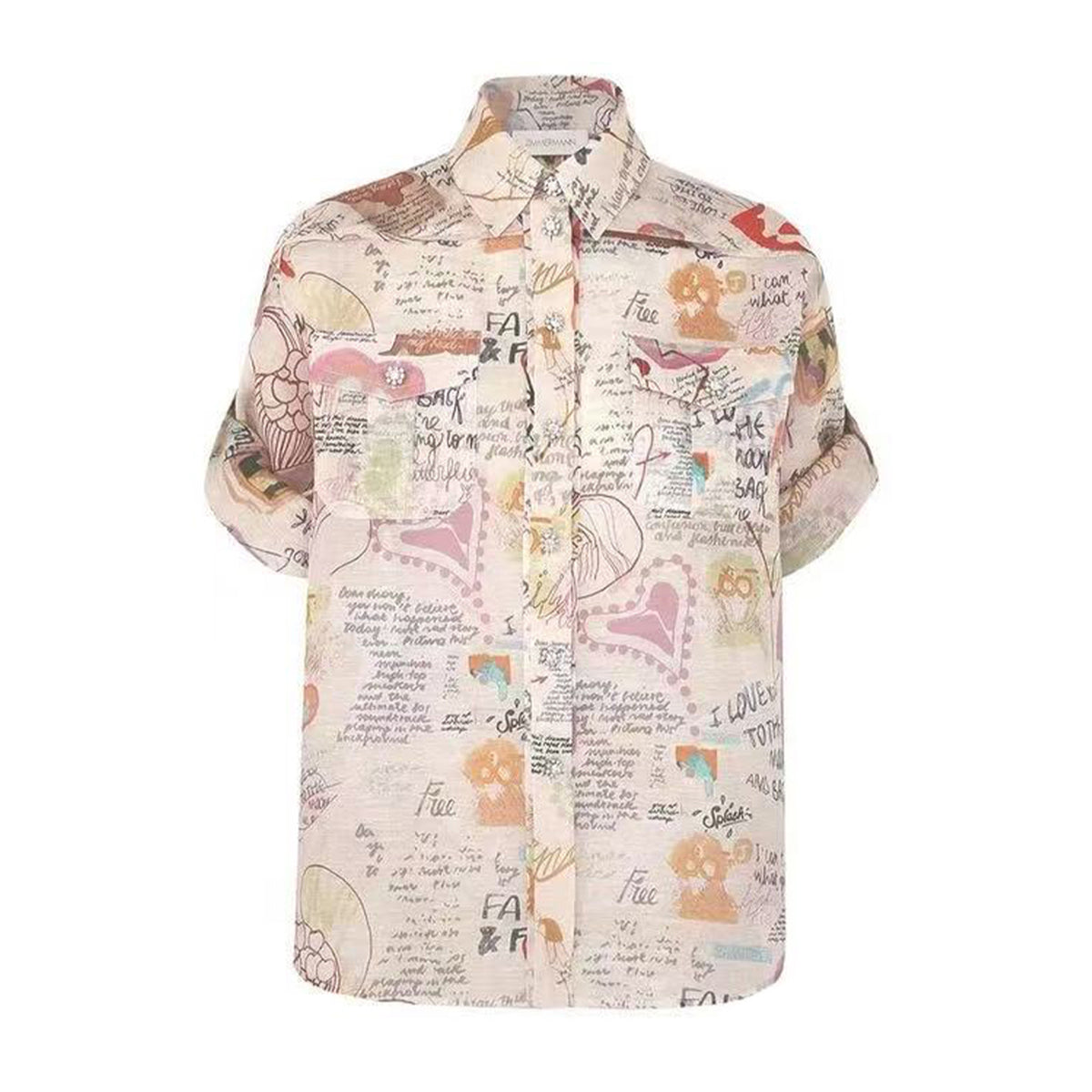 Zimmermann Crush Graffiti Diary Print Series Women's Spring/summer Collared Single-breasted Short-sleeved Shirt Crystal Trim Fashionable And Elegant Shorts Set Suit Ngvp #2173