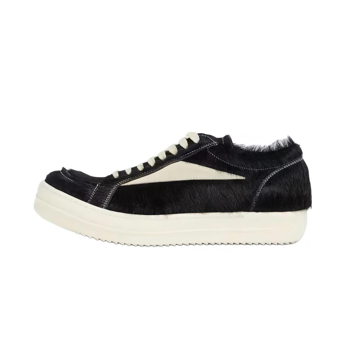 Rick Owens Men's And Women's Black And White Patchwork Leather Comfortable Mohair Low Top Lace Up Board Shoes #74761