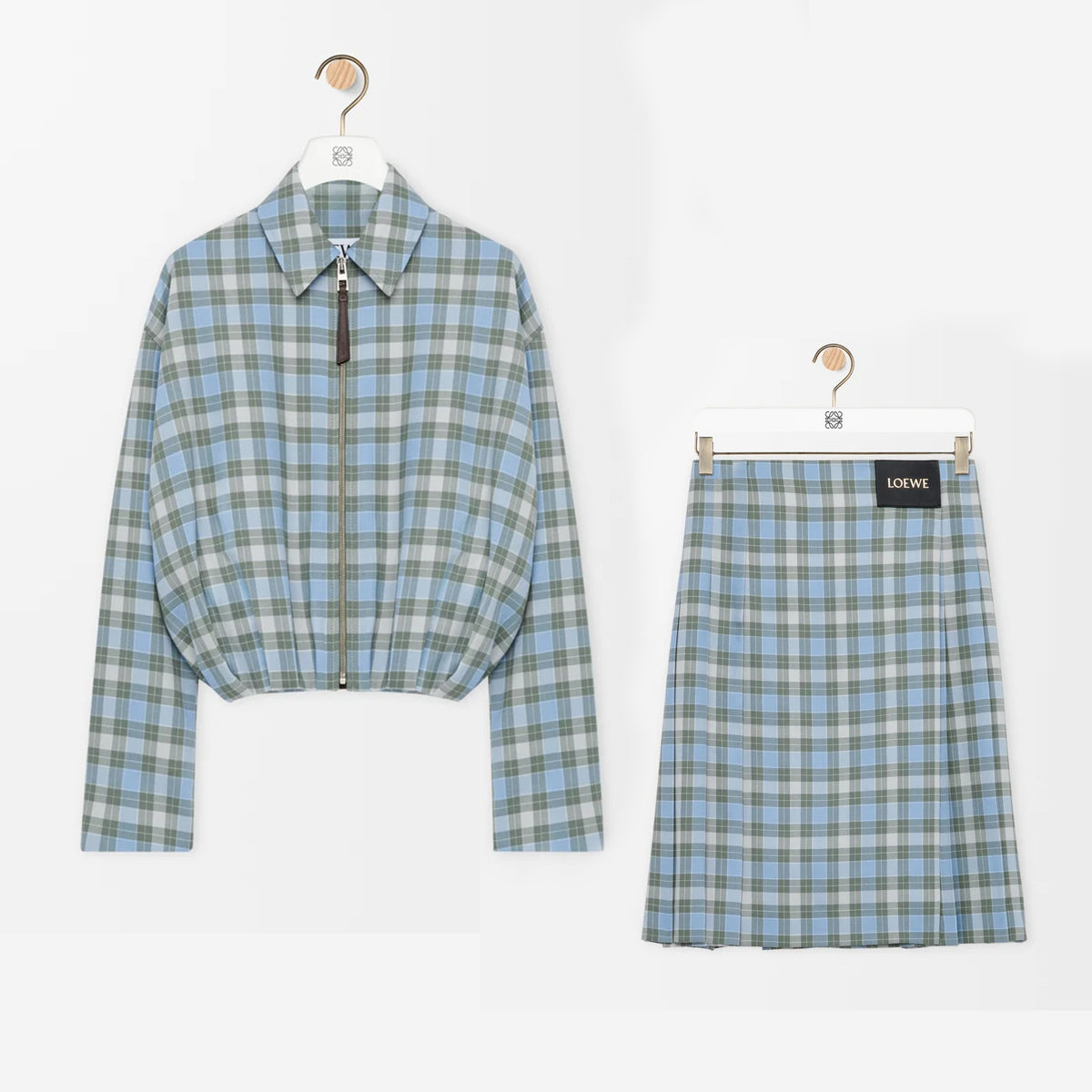 Loewe Women's Spring/autumn Fashion Casual Checkered Color Block Zipper Collar Short High Waisted Shirt Jacket Waist Cinching Checkered Color Block Casual Pleated Skirt Suit Set #78358