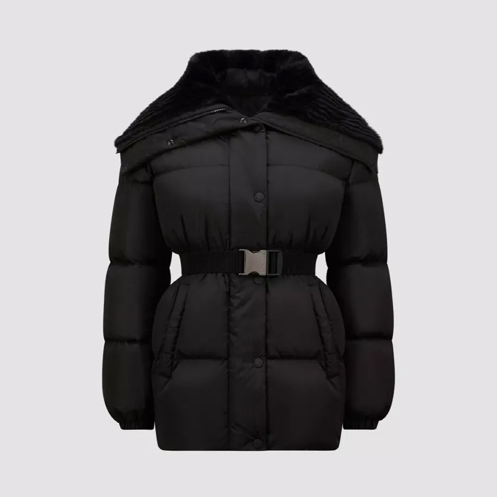 Moncler Women's Fall/Wimter Black Large Lapel Goose Down Jacket With Belt Nylon Short Style Light Jacket #332539