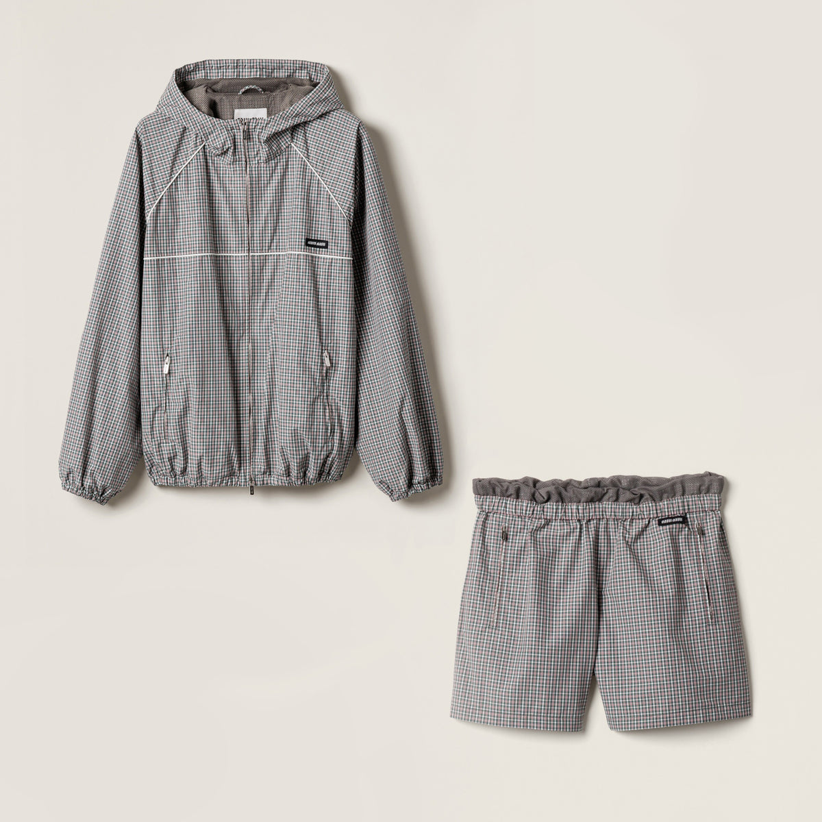 MiuMiu Women's Spring/Summer Fashion Casual Checkered Tech Fabric Hooded Zipper Elastic Waist Long Sleeve Drawstring Jacket And Shorts Set #78224