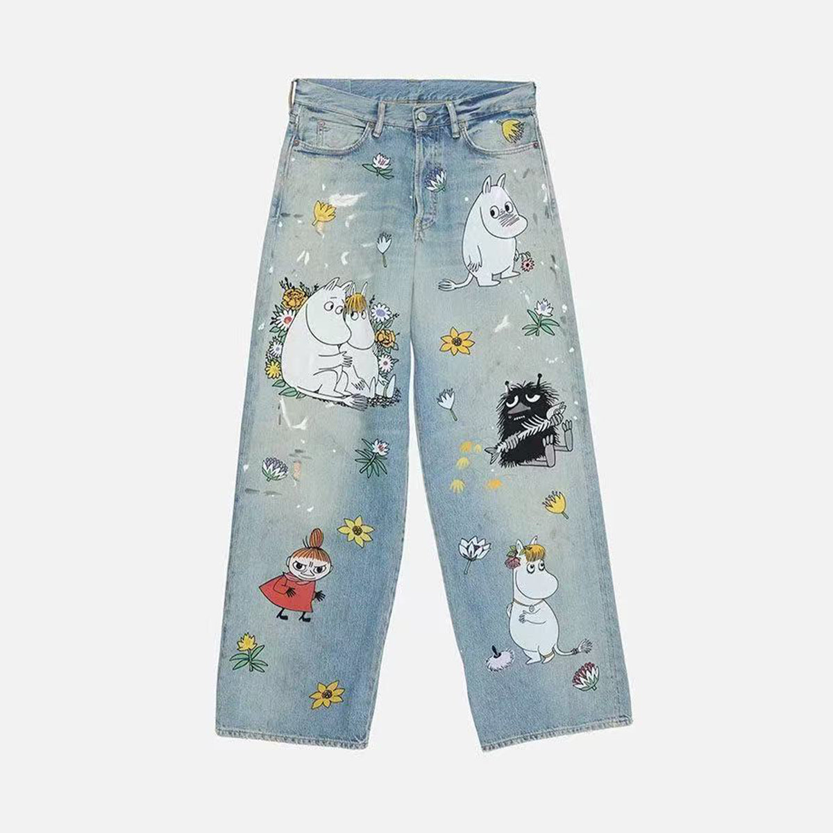 Acne Studios X Moomin Women's Spring/summer Straight Leg Casual Anime Print Fashionable High Street Wide Leg Loose Fit Denim Pants Ngvp #2176