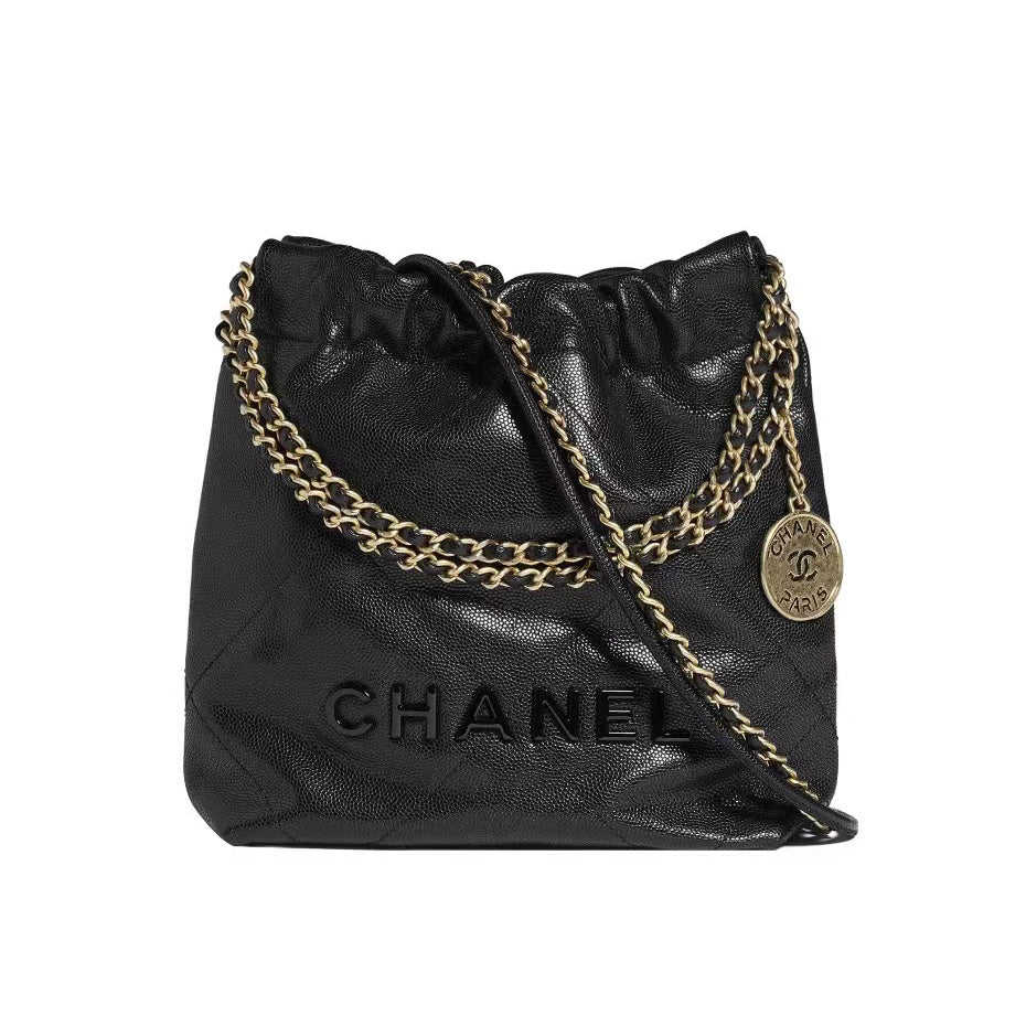 Chanel Men's And Women's Black Logo Drawstring Closure Chain Shoulder Strap Glossy Calfskin Shoulder Crossbody Bag Bags #73365