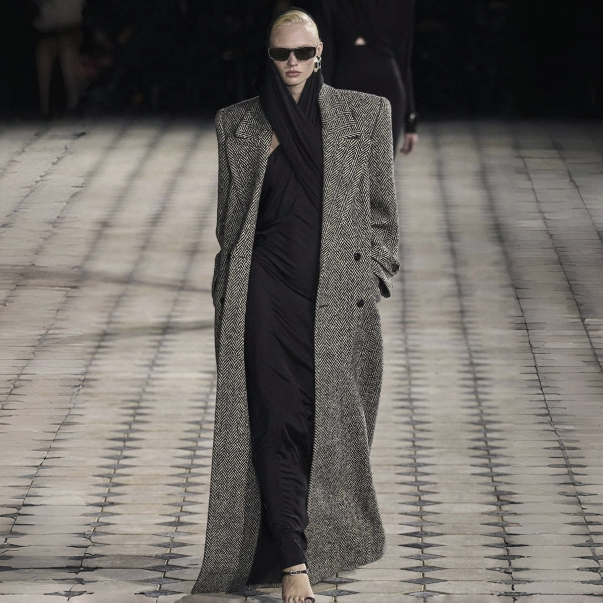 SAINT LAURENT Women's Fall And Winter Maldon Style Herringbone Pattern Coat Elegant And Exquisite Long Belt Tweed Coat Fashion Trend Temperament Jacket Ngvp #2491