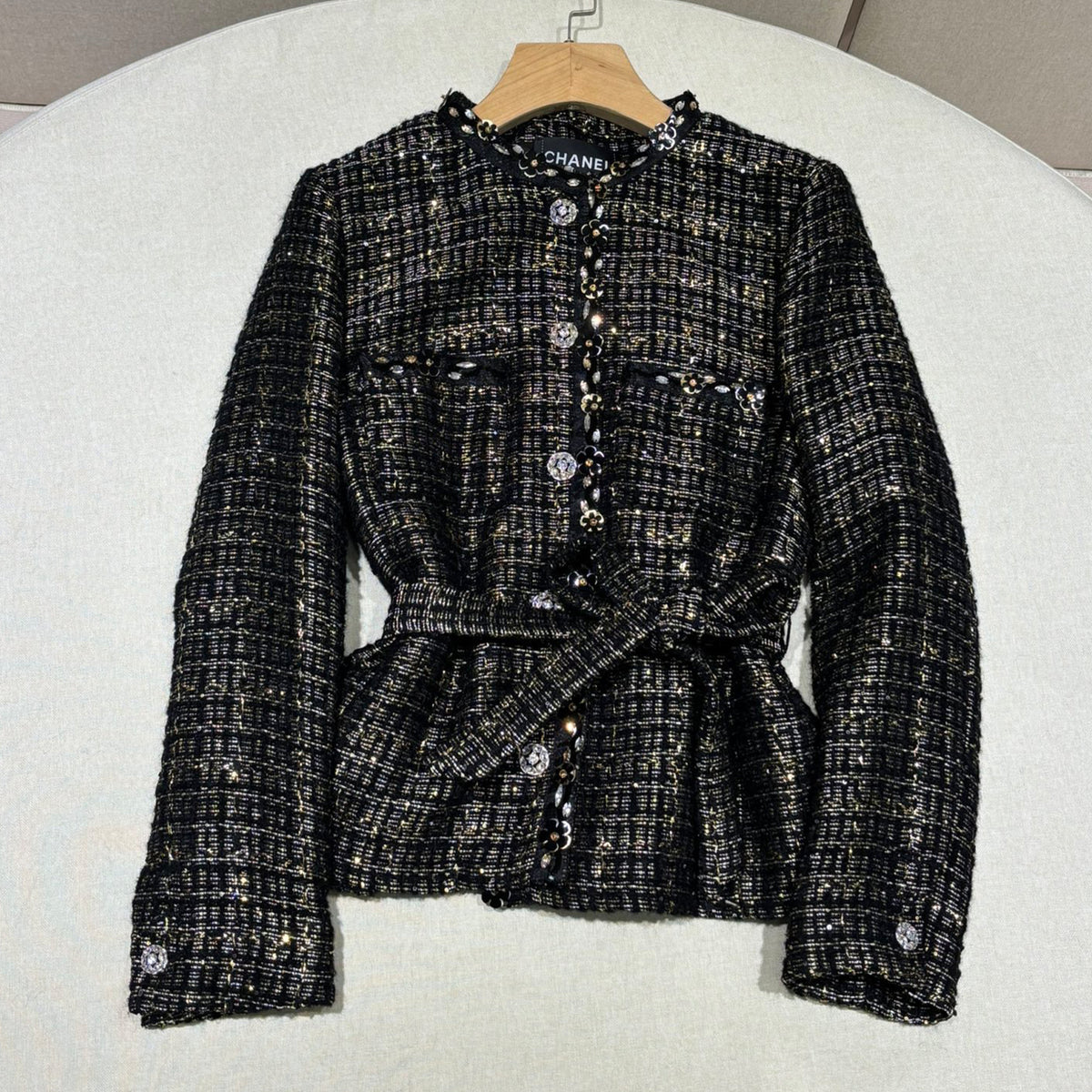 Chanel Women's Spring/autumn Vintage Suit Black And Gold Rhinestone Floral Embroidery Blend Belt Long Sleeve Jacket Pleated Halter Dress Vacation Set Ngvp #2243