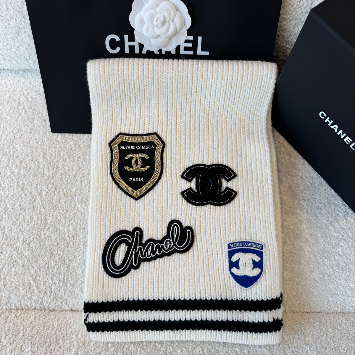 Chanel Women's Fall And Winter Black And White Gray Temperament Warm Winter Accessories Scarf Hat Gloves Fashion Trend Set #81628