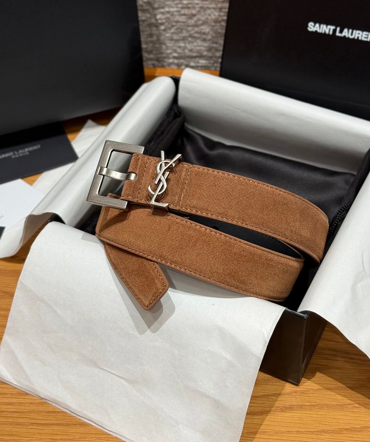 Saint Laurent Cassandre Belt With Square Buckle in Suede #375917