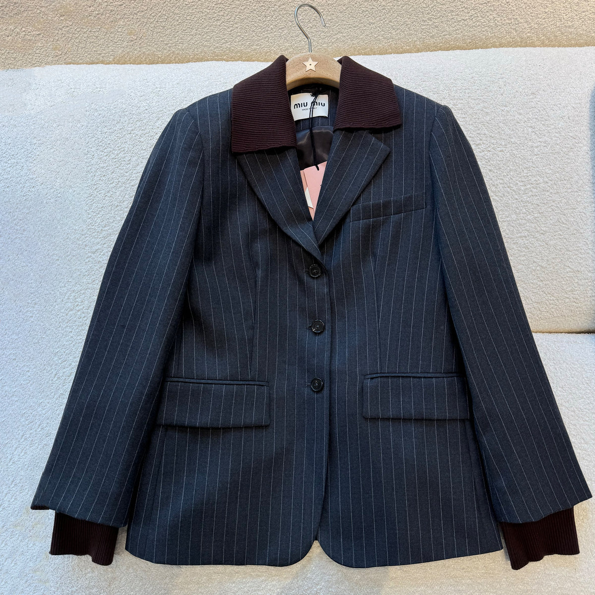 MiuMiu Women's Fall And Winter Striped Casual Blazer Lapel Single Breasted Jacket Long Casual Straight Wide Leg Pants Suit Set #81627