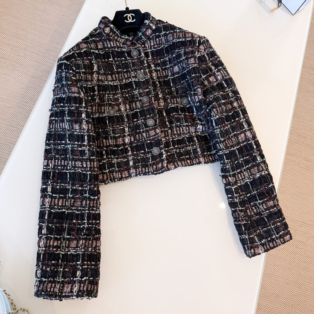 Chanel Women's Spring/Fall Vintage Tweed Stand Collar Single-Breasted Casual Short-Sleeve Jacket High-Street Skirt Ngvp #2343