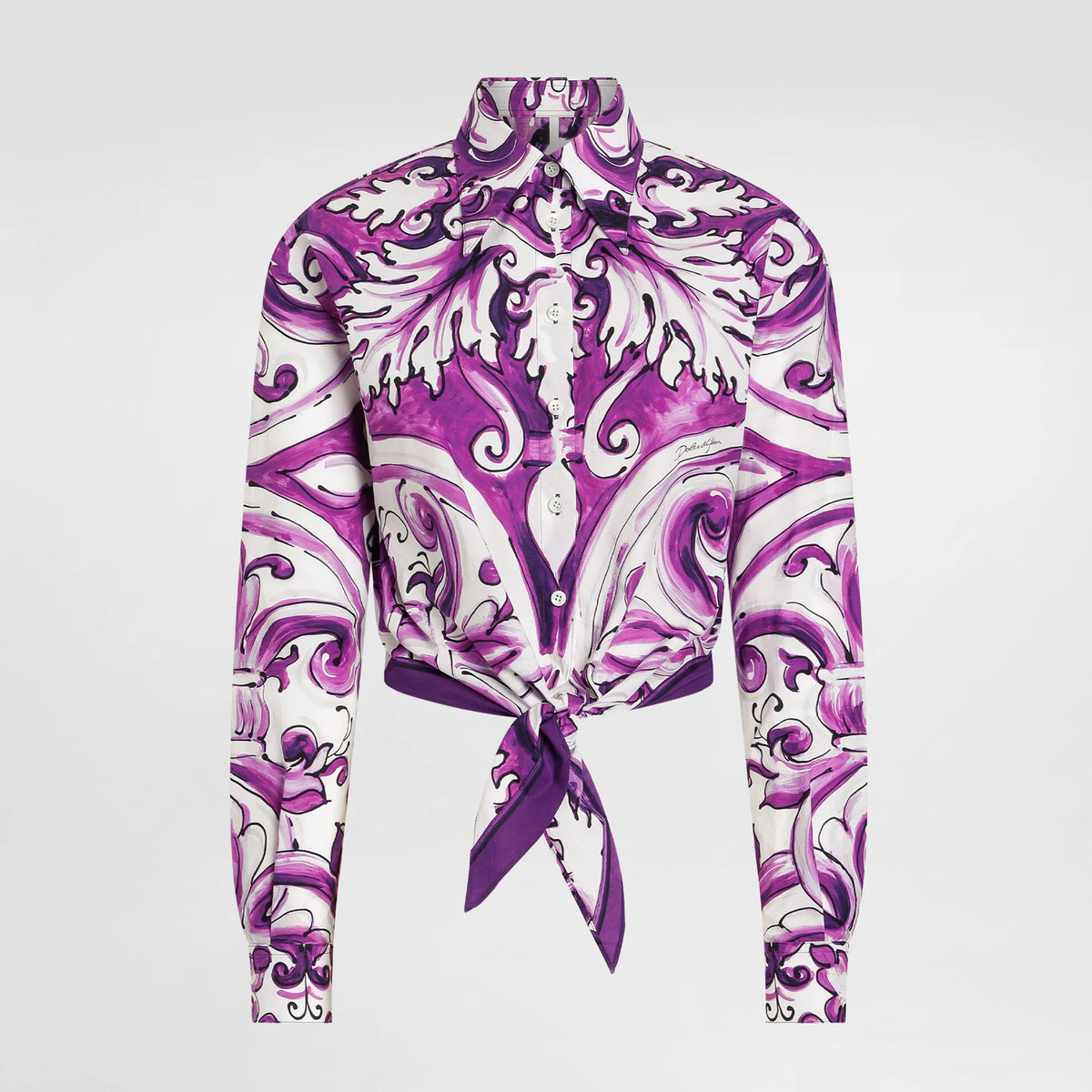 Dolce&Gabbana Women's Summer High Street Majolica Printed Lapel Short Tie Solid Color Cotton Poplin Shirt Ngvp #2115