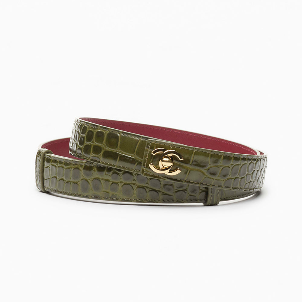 CHANEL Leather Belt Crocodile Embossed Calfskin Metal Khaki Gold #394377