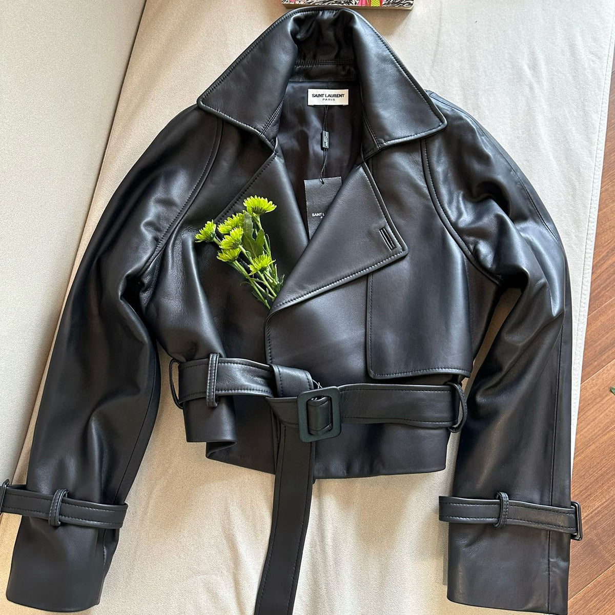 Saint Laurent Women's Fall And Winter Luxury Cashmere Face Leather High Street Design Belt Lapel Long Sleeve Elegant Fashion Leather Jacket Ngvp #2231